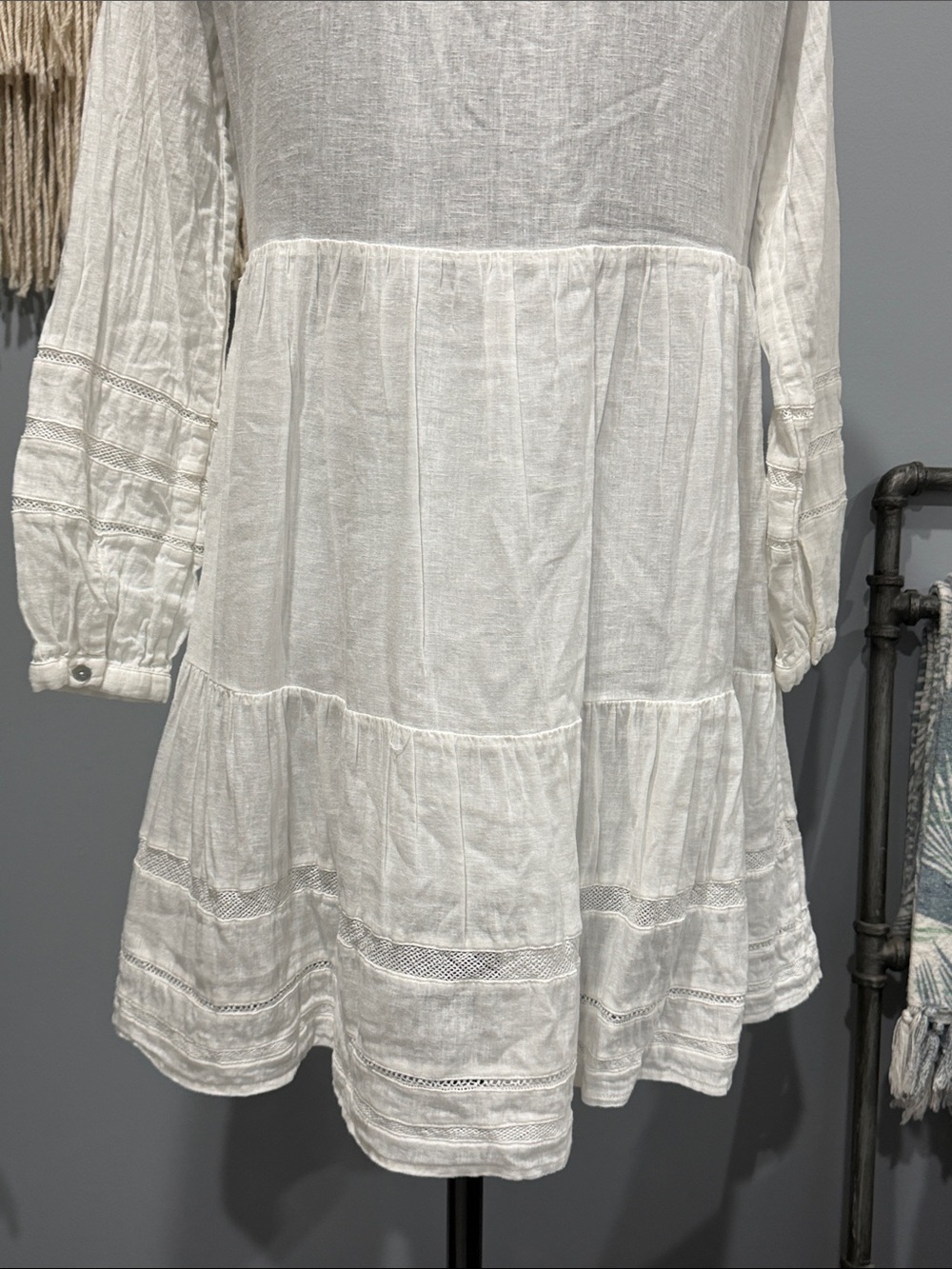 Rails White Linen Blend Boho Mini Dress XS | Lace Trim Peasant Beach Cover Up - Picture 5 of 8